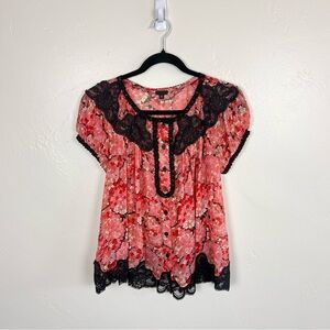 Anna Sui Silk Floral Lace Trim Blouse Pink Black Sheer Romantic Y2K